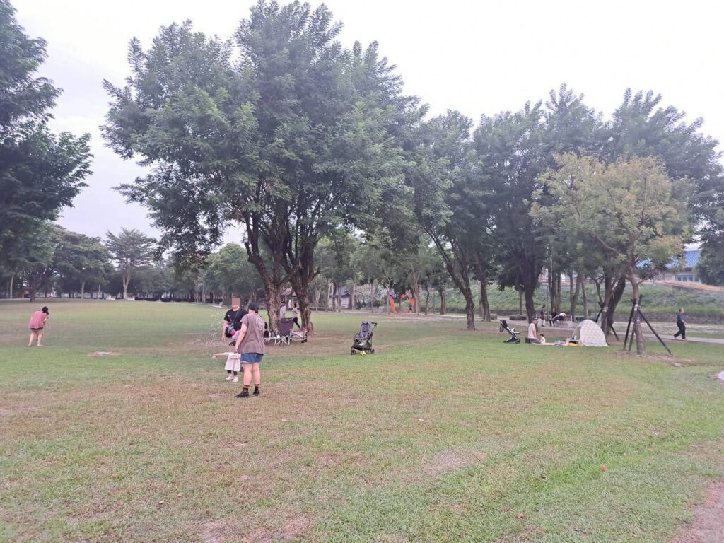 怡心園遊戲場大片草地與滑草區，親子放電首選