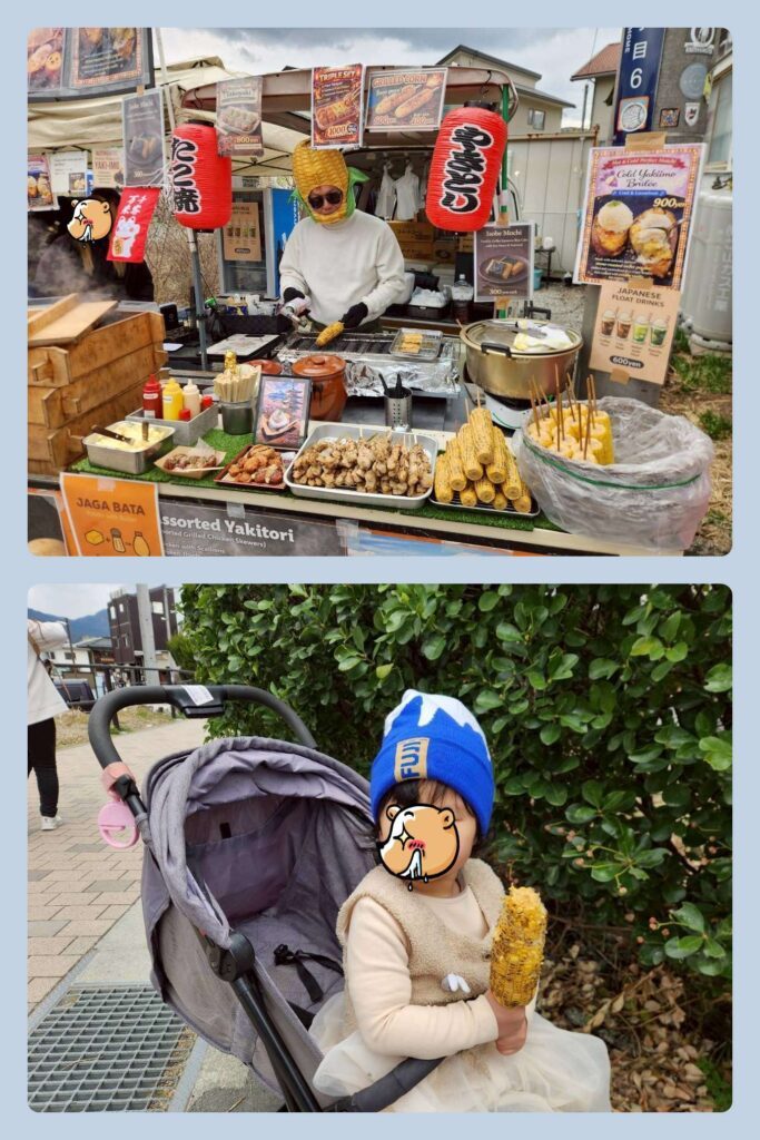  KKDAY 富士山一日遊 心得，淺間公園烤玉米攤，戴玉米帽老闆吸引孩子目光